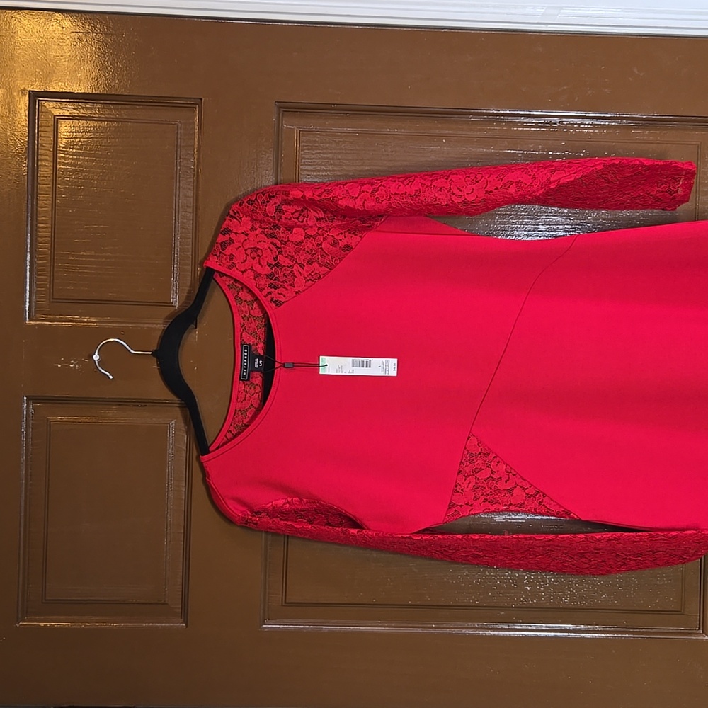 Metaphor-Red pullover knit fitted dress with lace sleeves Sz L NWT. - Picture 2 of 8